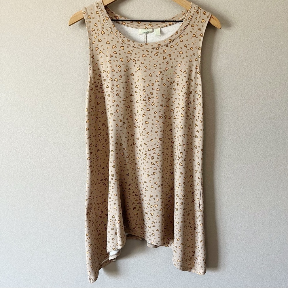 LOGO x Lori Goldstein Lounge Terry Knit Tunic Tank Top Heart Print Beige Large
